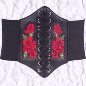 Red Rose Floral Emboidered Lace Up Corset Belt 26"-35"